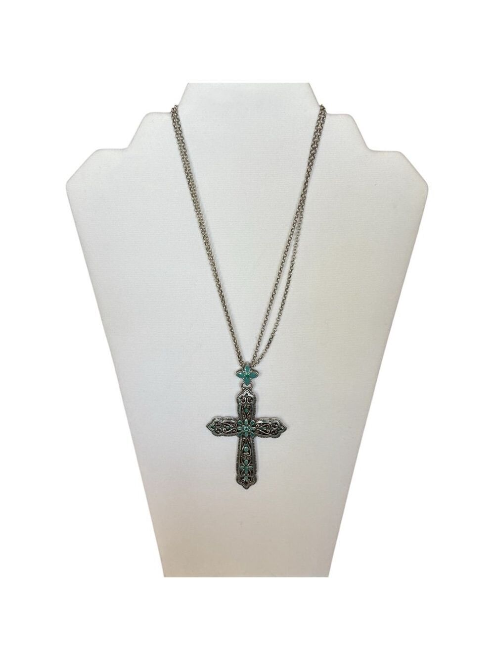 Brighton Retired Silver Turquoise Cross Pendant Necklace Size 8.5”-10”